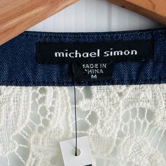 🆕 Michael Simon crocheted button jacket with denim trim NWT cardigan size med - Picture 15 of 15